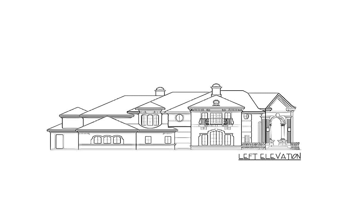 Left elevation house plan drawing featuring multiple gables, arched windows, a Juliet balcony, and elaborate entrance.
