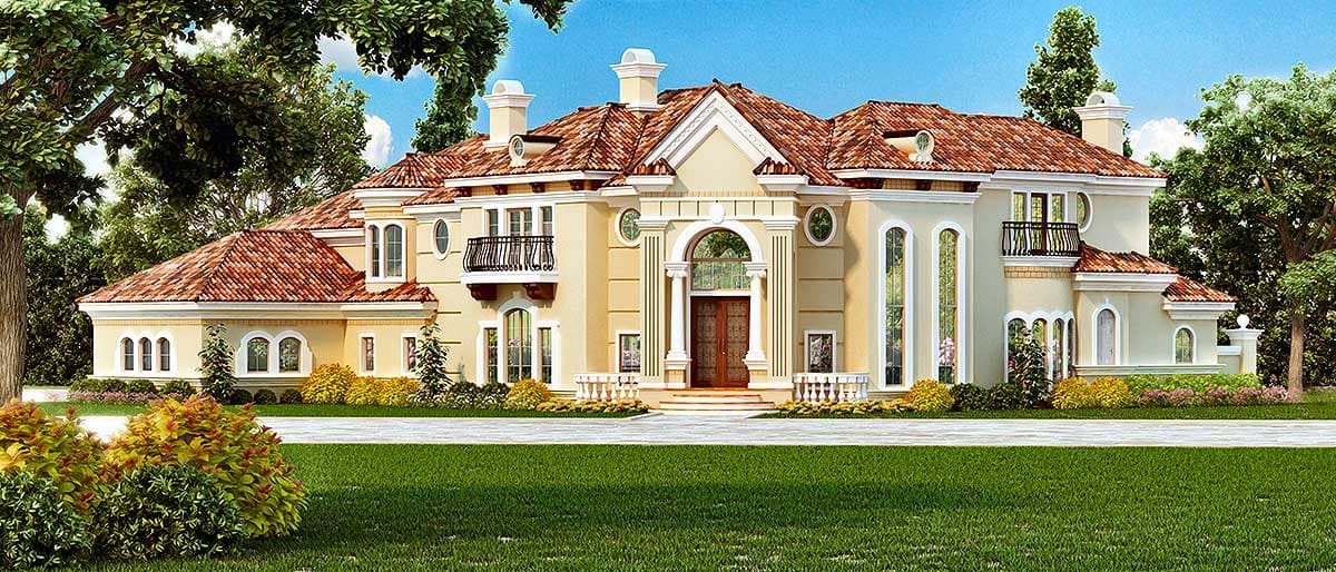 House plan exterior: Two-story Italian Renaissance style home with arched entryway, balcony, and red tile roof.