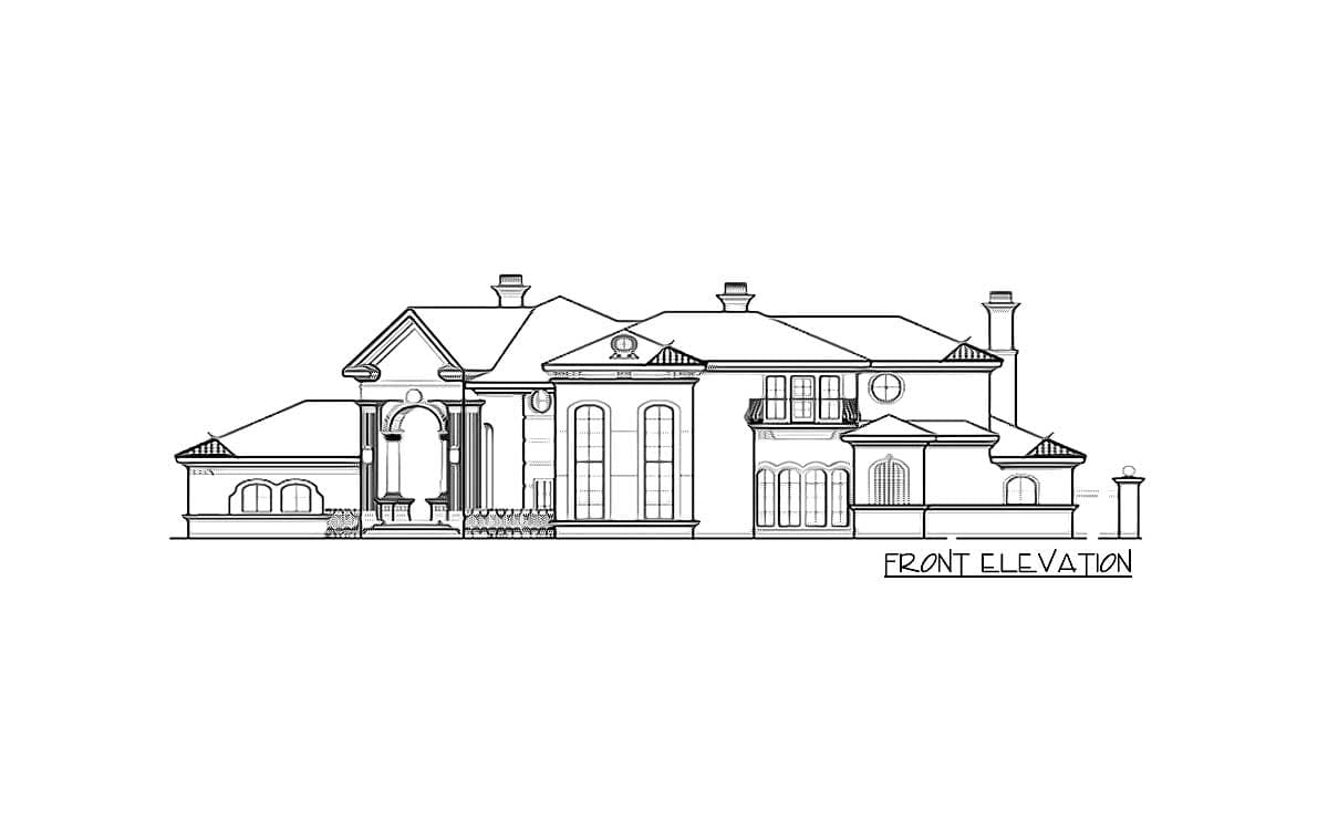 Front elevation drawing of a large, multi-story house with arched entryway, balconies, multiple gables, and chimneys.