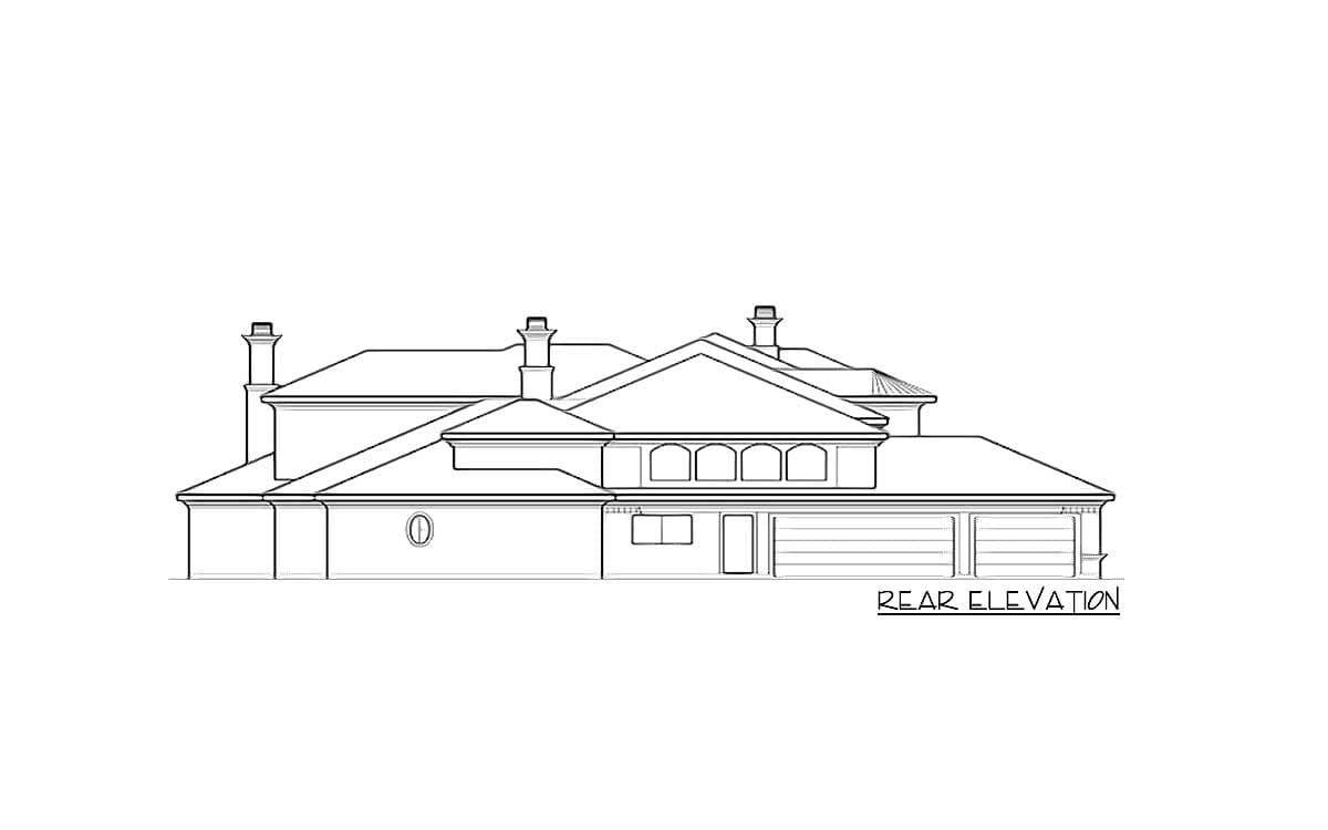 Rear elevation drawing of a multi-story house with multiple gables, arched windows, chimneys, and a three-car garage.