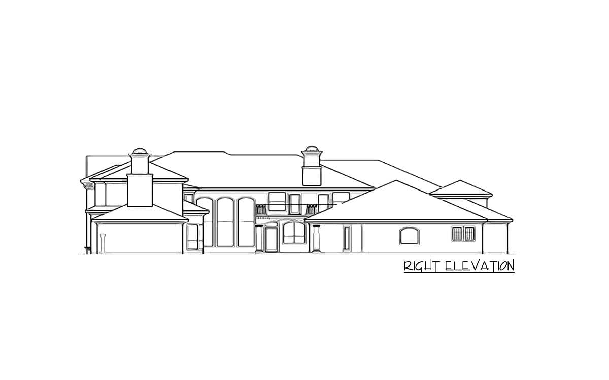 Right elevation drawing of a house plan featuring multiple gables, arched windows, and chimneys.