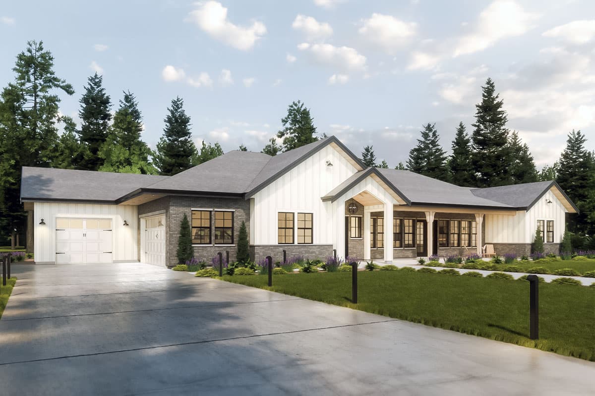 Modern Farmhouse house plan exterior with two-car garage, board and batten siding, brick accents, and covered entryway.