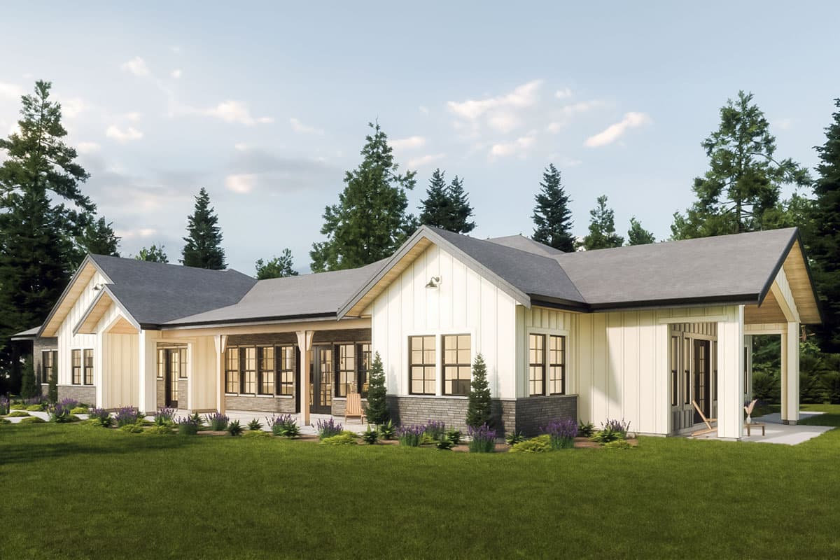 Modern Farmhouse house plan exterior, one story, board and batten siding, stone accents, multiple gables, covered porch.
