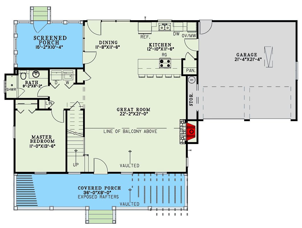 Plan 60723ND: 3-Bed Mountain Farmhouse with Two Story Great Room and Sleeping Loft - 1,903 Sq Ft - Floor Plan - Main Level - Cabin, Mountain, Rustic