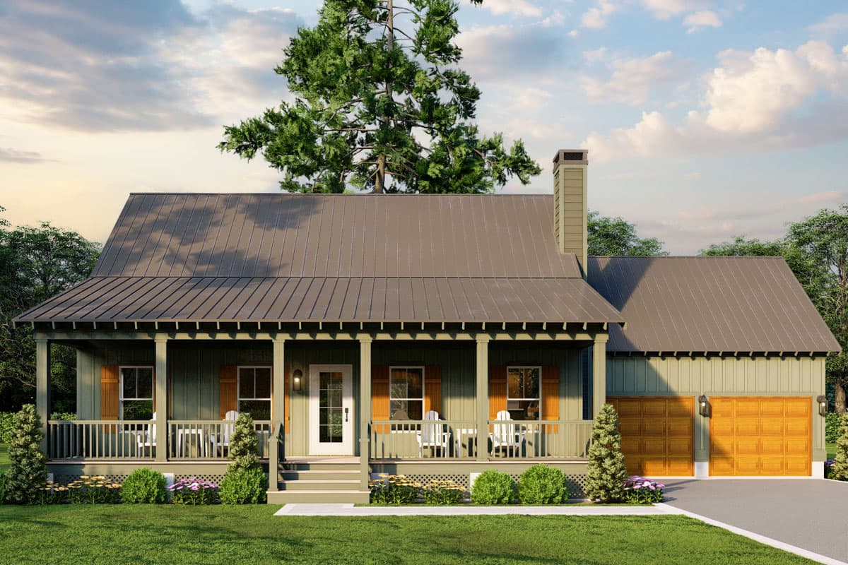 House plan exterior with Craftsman style. Features include a front porch, metal roof, and garage. Single-story construction with a prominent chimney.