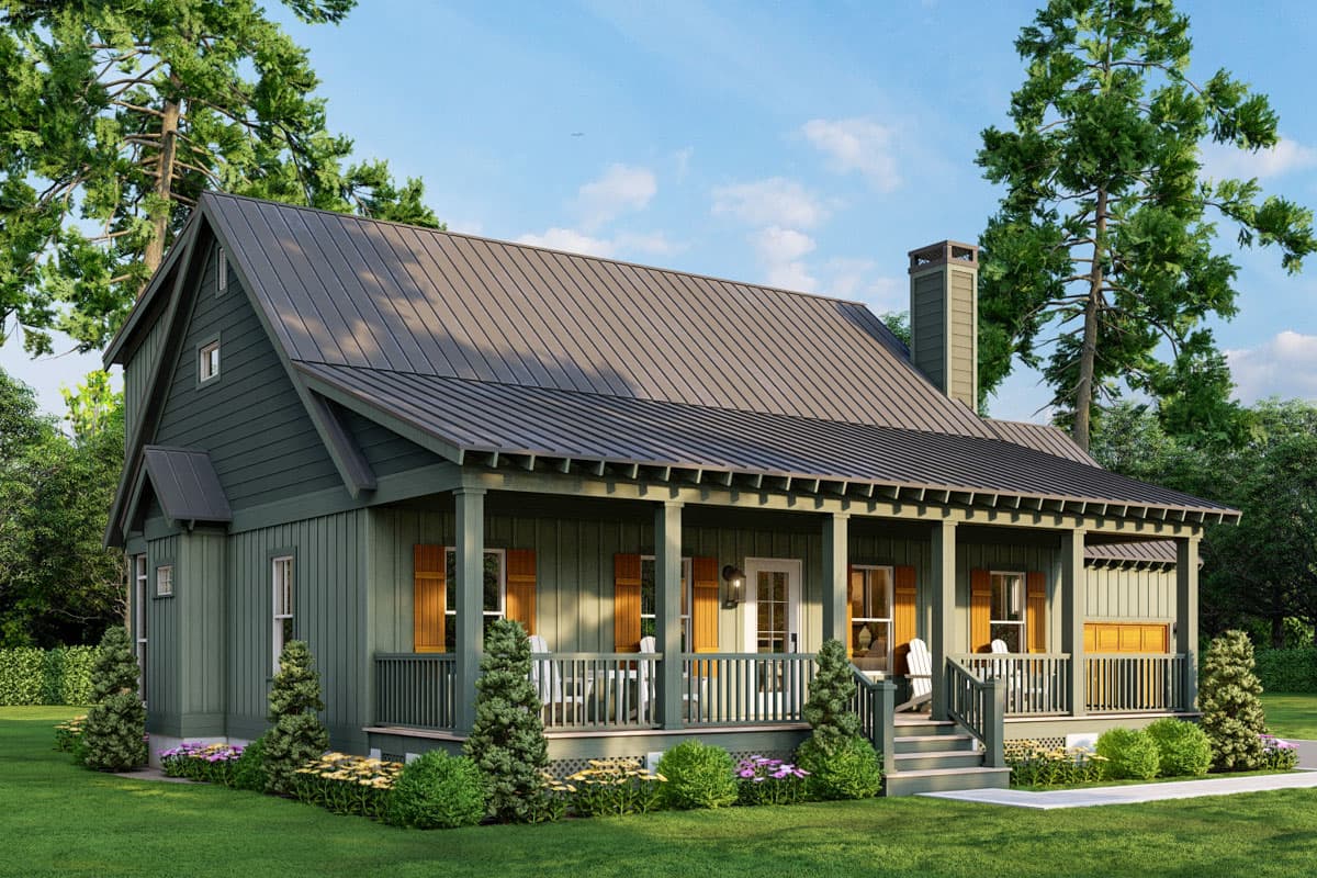 House plan exterior featuring a covered front porch with railing, gabled roofline, and a prominent chimney.
