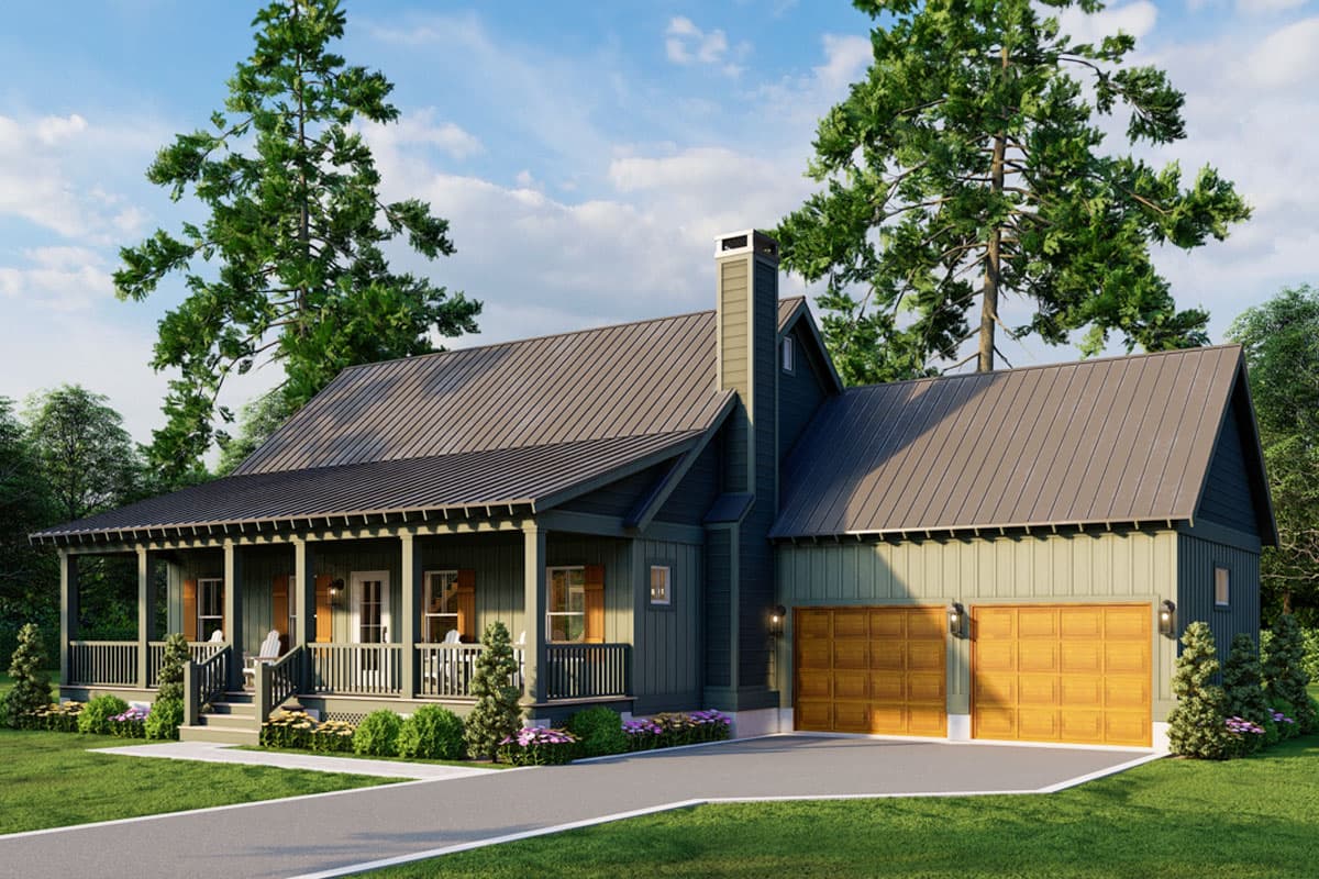 House plan exterior: Modern Farmhouse style with wraparound porch, gables, metal roof, and a two-car garage.