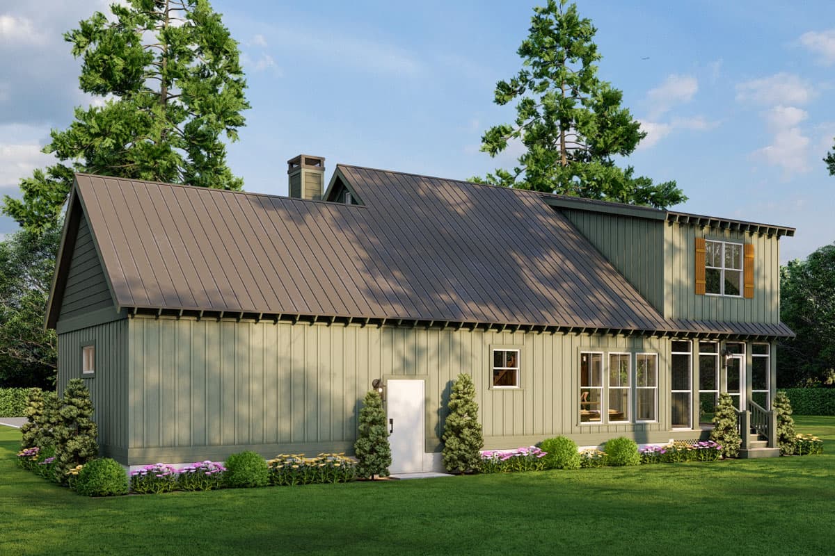 House plan exterior: Modern Farmhouse style, two stories, standing seam metal roof, gabled dormer, and screened porch.