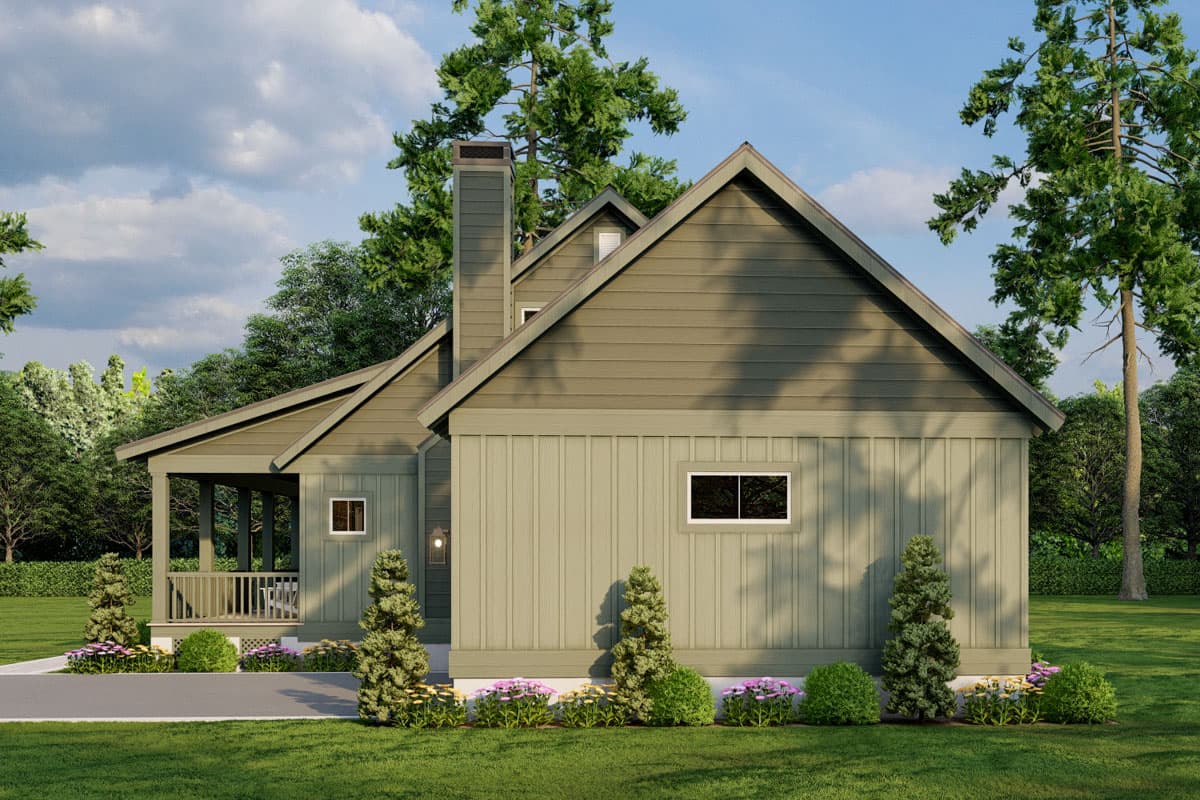 Modern Farmhouse house plan exterior, one story, with a covered porch, prominent gable, and tall chimney.