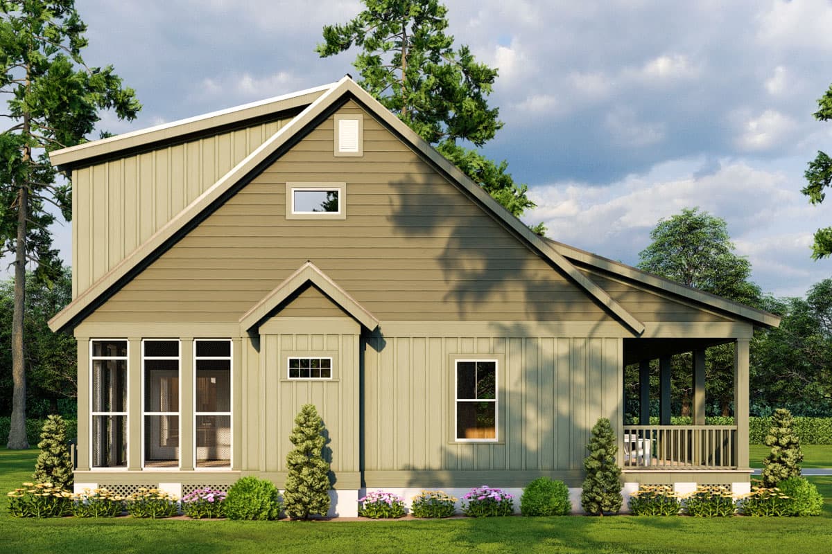House plan exterior featuring a gabled roofline, large windows, a covered porch, and vertical and horizontal siding.