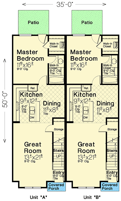 Plan 48628FM: Two-Story Duplex Home Plan with 3 Beds and Great Room - 1397 Sq Ft Per Unit - Floor Plan - Main Level - New American