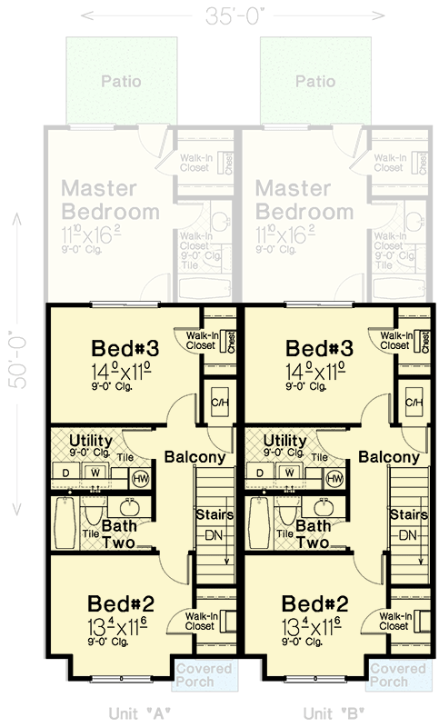 Plan 48628FM: Two-Story Duplex Home Plan with 3 Beds and Great Room - 1397 Sq Ft Per Unit - Floor Plan - 2nd Floor - New American