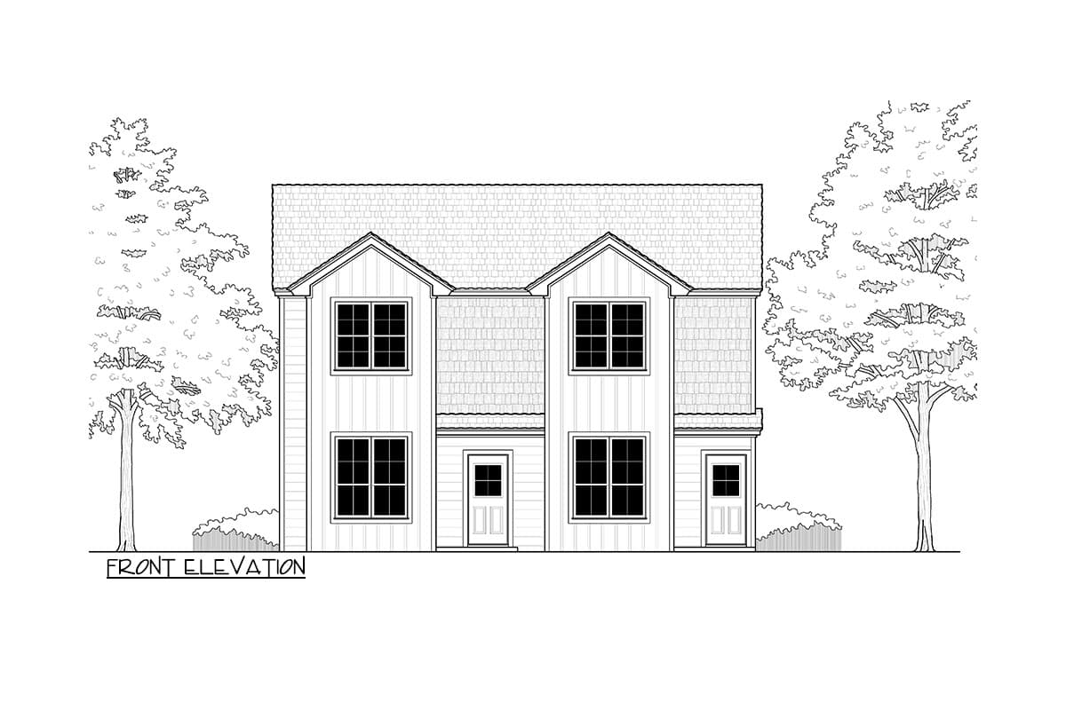 Front elevation drawing of a two-story house with dual gables, board-and-batten siding, and multiple windows.