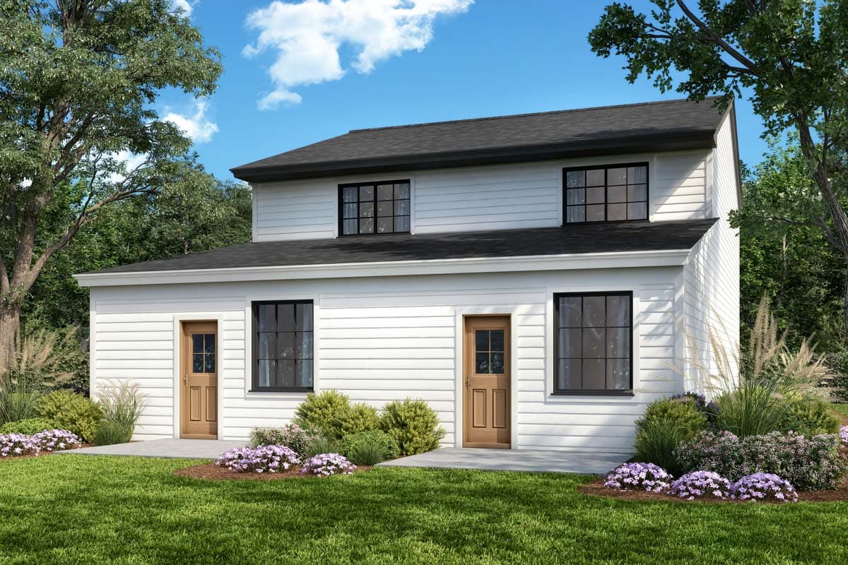 Two-story house plan exterior with white lap siding, a dark gable roof, and two front doors.