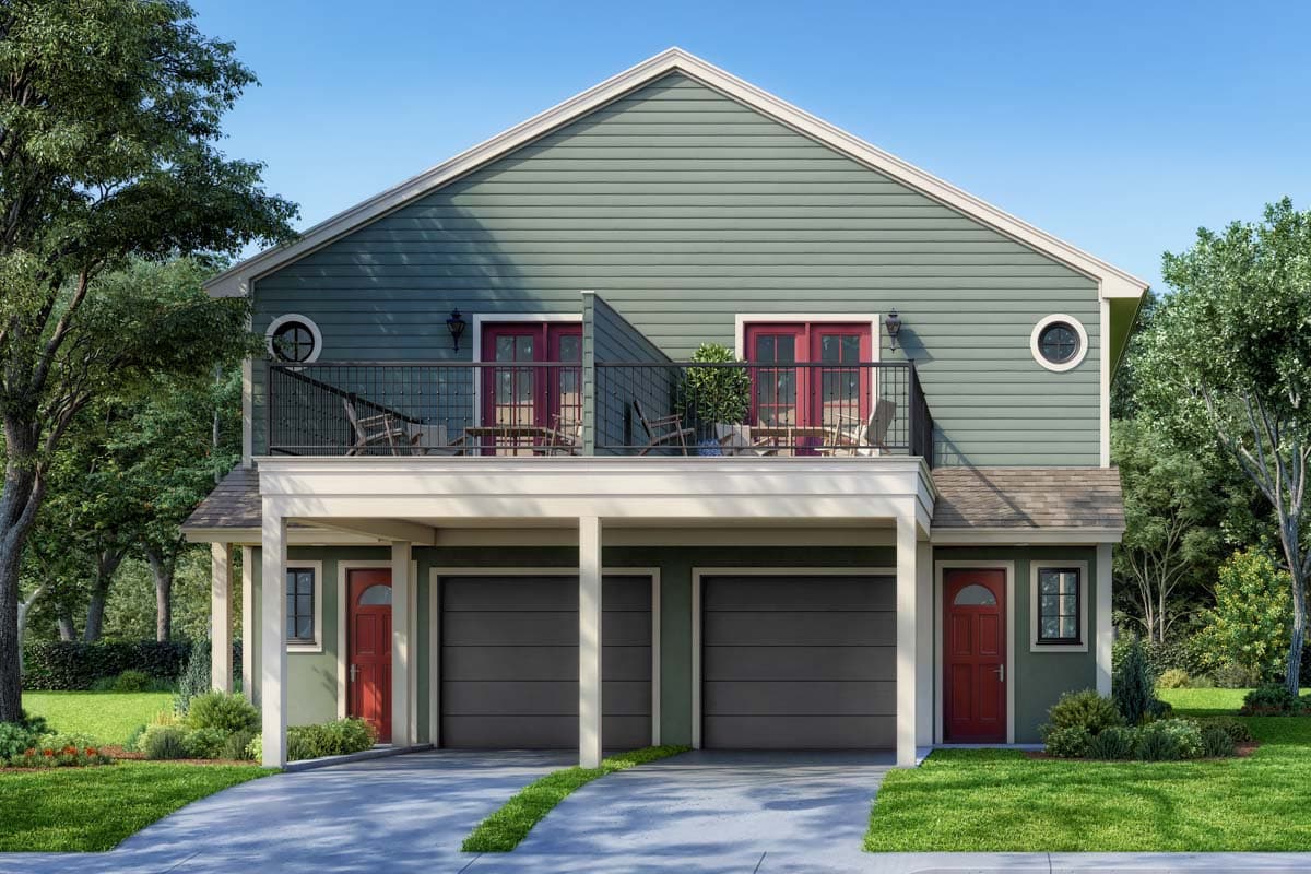 House plan exterior with two stories. Features include a covered porch, upper-level balconies, gabled roof, and two-car garage.