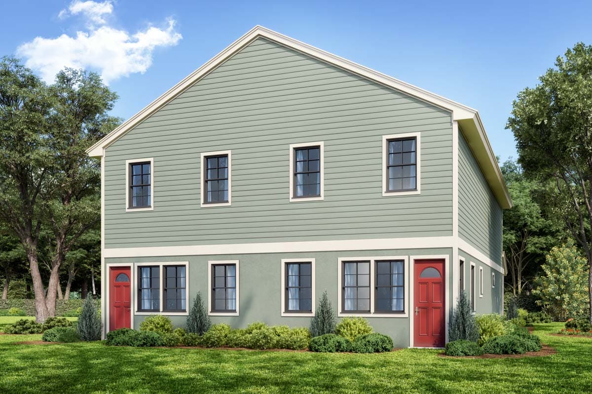 Two-story house plan exterior with horizontal siding, two red arched-top doors, and multiple windows on each level.