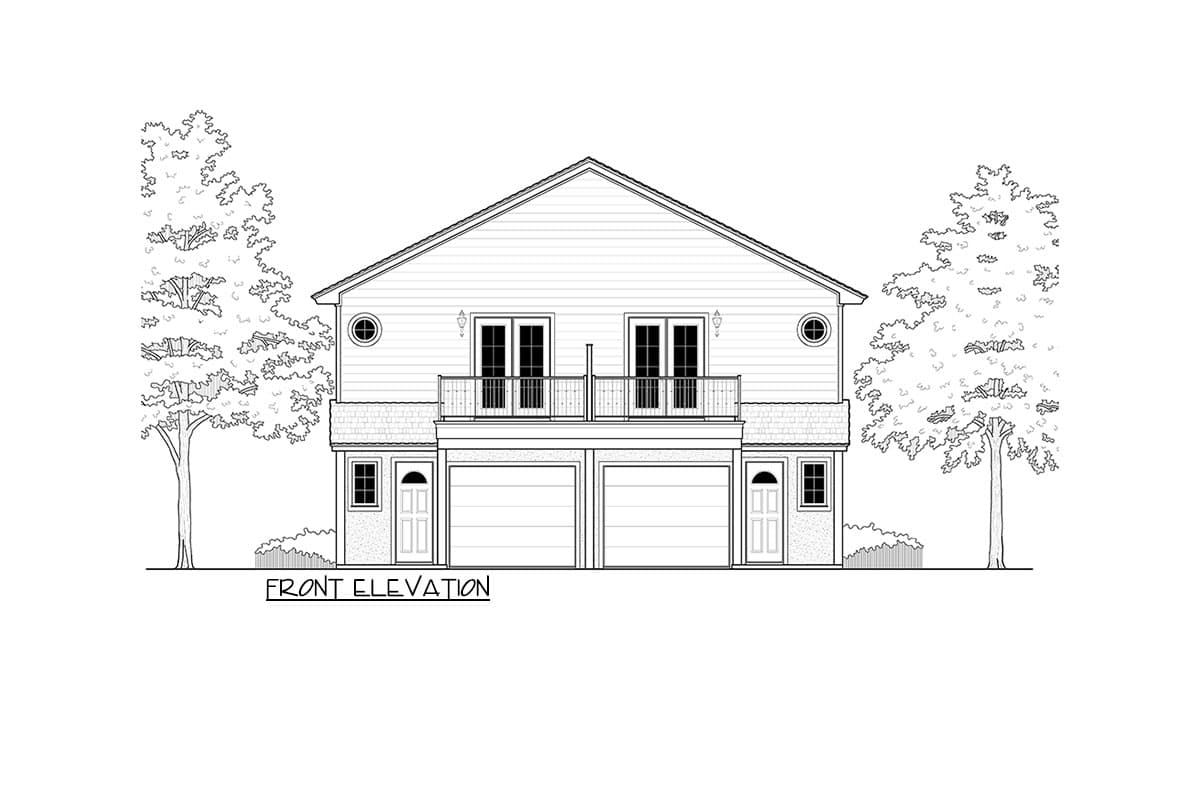 Front elevation drawing of a two-story house plan with a central balcony, double garage doors, and side entrances.
