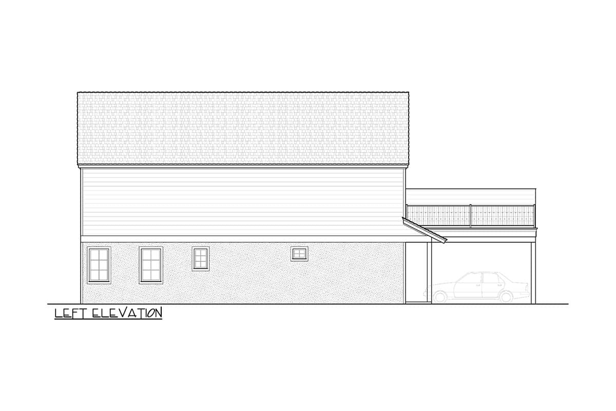 Left elevation drawing of a house with clapboard siding, a gabled roof, and a detached garage with a deck above.