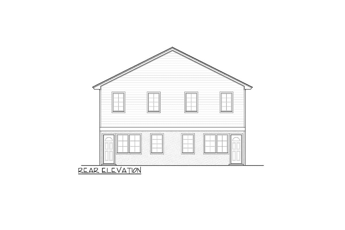 Rear elevation drawing of a two-story house with siding, multiple windows, and two entry doors.