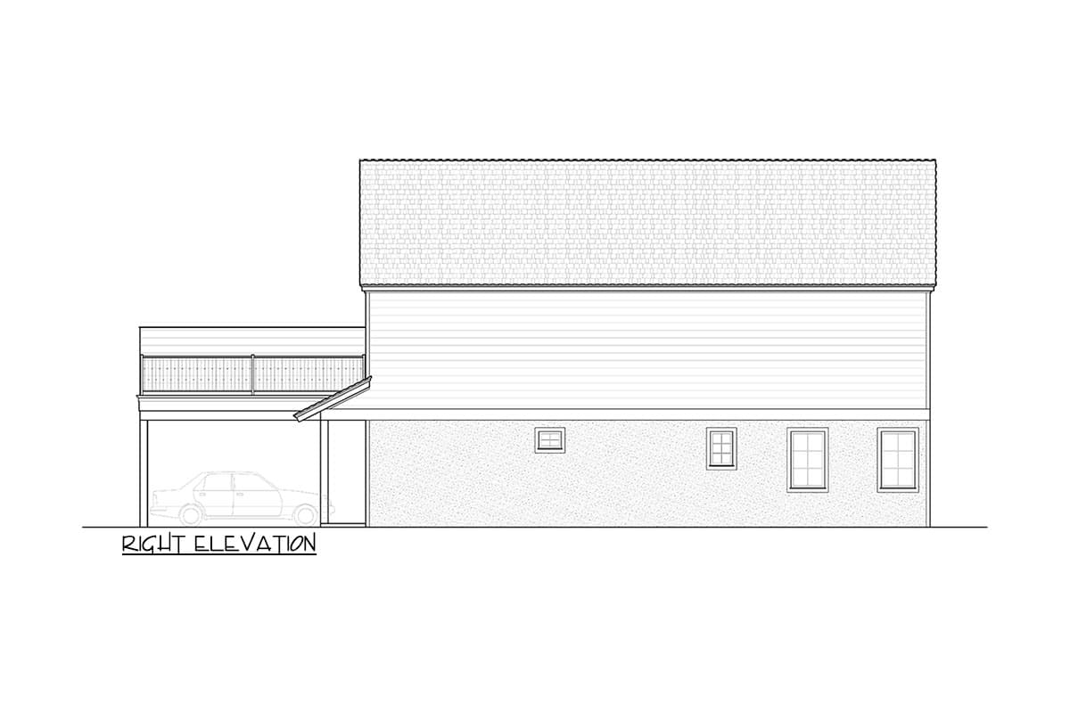 House plan right elevation showing a two-story structure with a pitched roof, vinyl siding, brick base, deck, and an attached carport with a car.