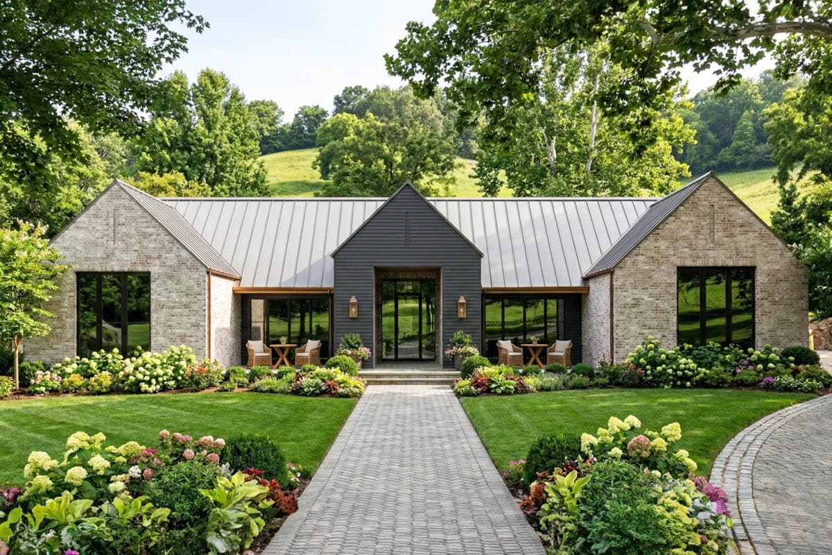House plan exterior with gabled rooflines, brick facade, dark-clad central entry, and large windows.
