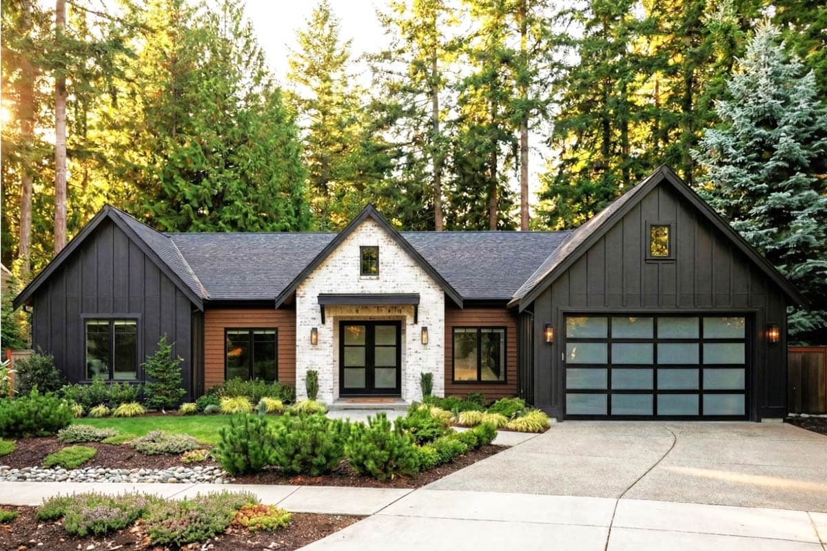 House plan exterior view of a Modern Farmhouse with a gabled roofline, board and batten siding, and a two-car garage.