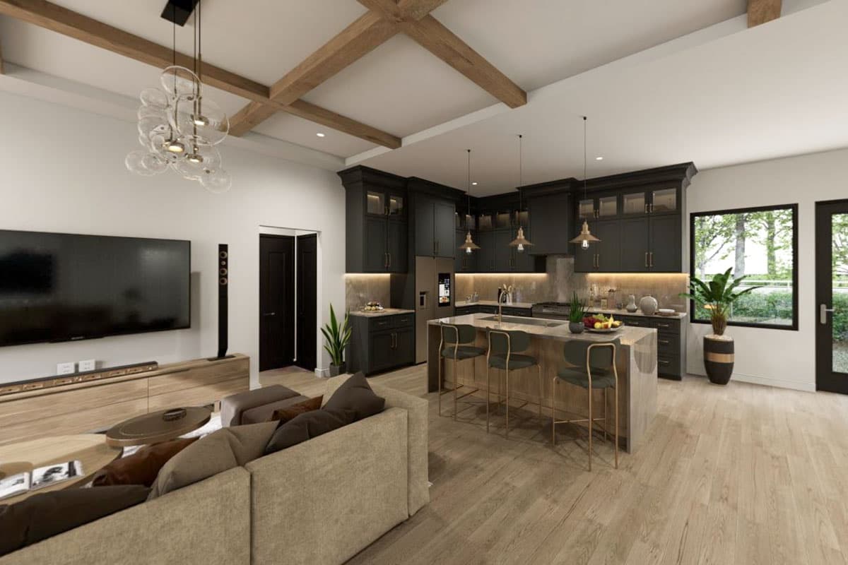 Interior rendering of a kitchen and living area with dark cabinetry, island, and exposed ceiling beams.
