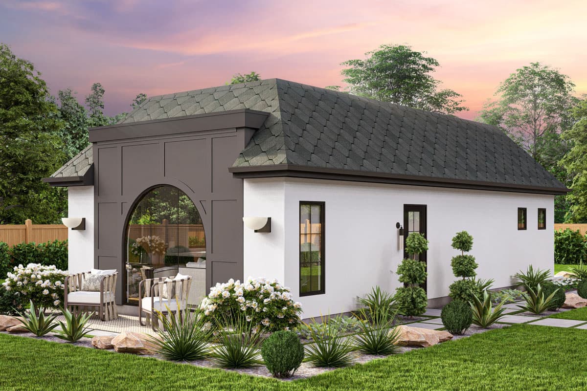 House plan exterior. One-story modern home with arched entry, gabled roof, and dark trim. Features include landscape and accent lighting.