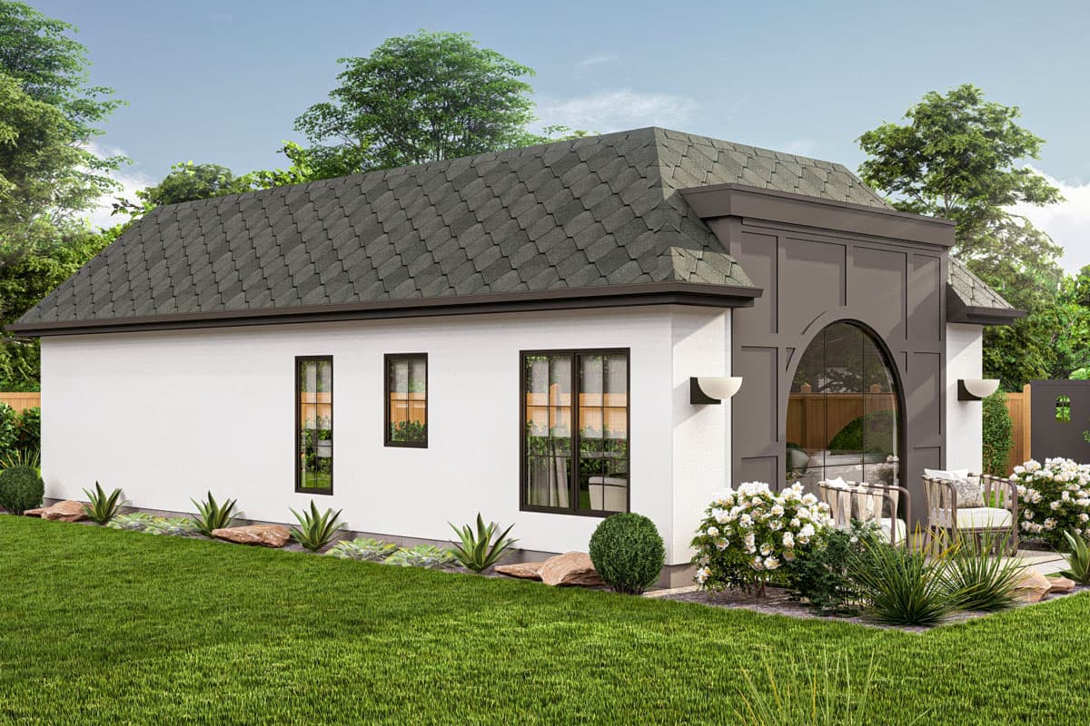 House plan exterior: White stucco, one story, grey shingle roof, arched window, patio, two wall sconces.
