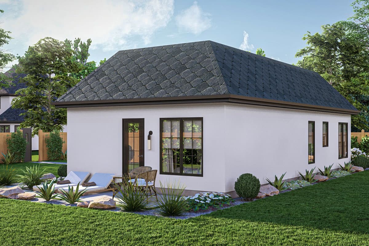 House plan exterior of a one-story home with a hip roof, white stucco walls, and dark-trimmed windows and door.