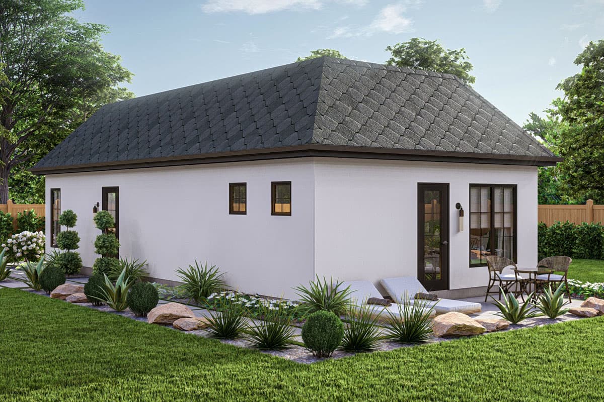 House plan exterior: Single-story modern home with a dark shingle hip roof, white stucco walls, and multiple windows.