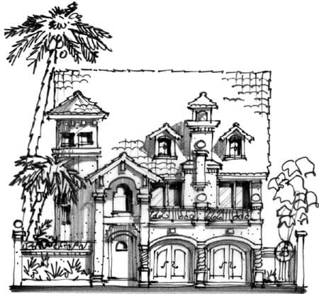 House plan exterior sketch featuring a multi-story structure with arched entryways, balconies, dormers, and a prominent tower.