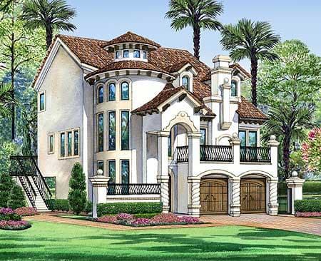 Mediterranean style house plan exterior with a rounded turret, arched entryway, balcony, and a three-car garage.