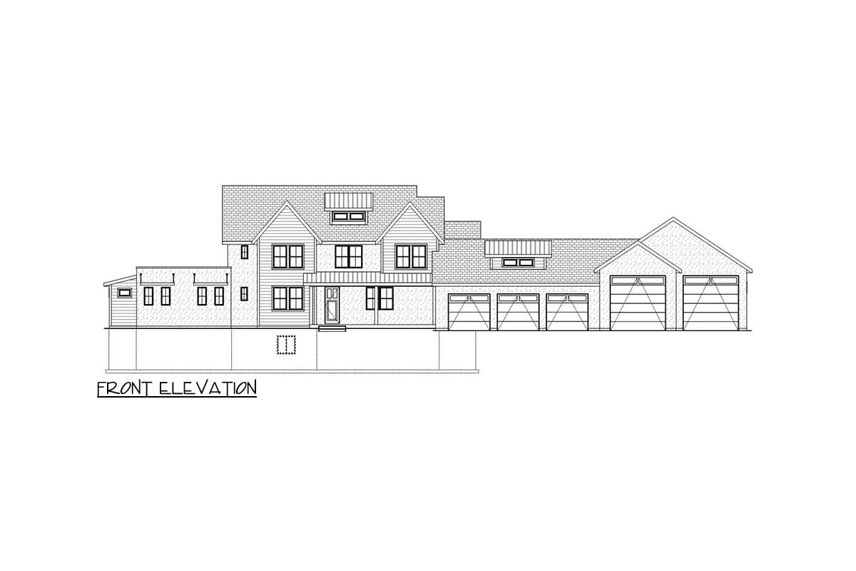 Front elevation drawing of a multi-story house with gables, dormers, and a seven-car garage.