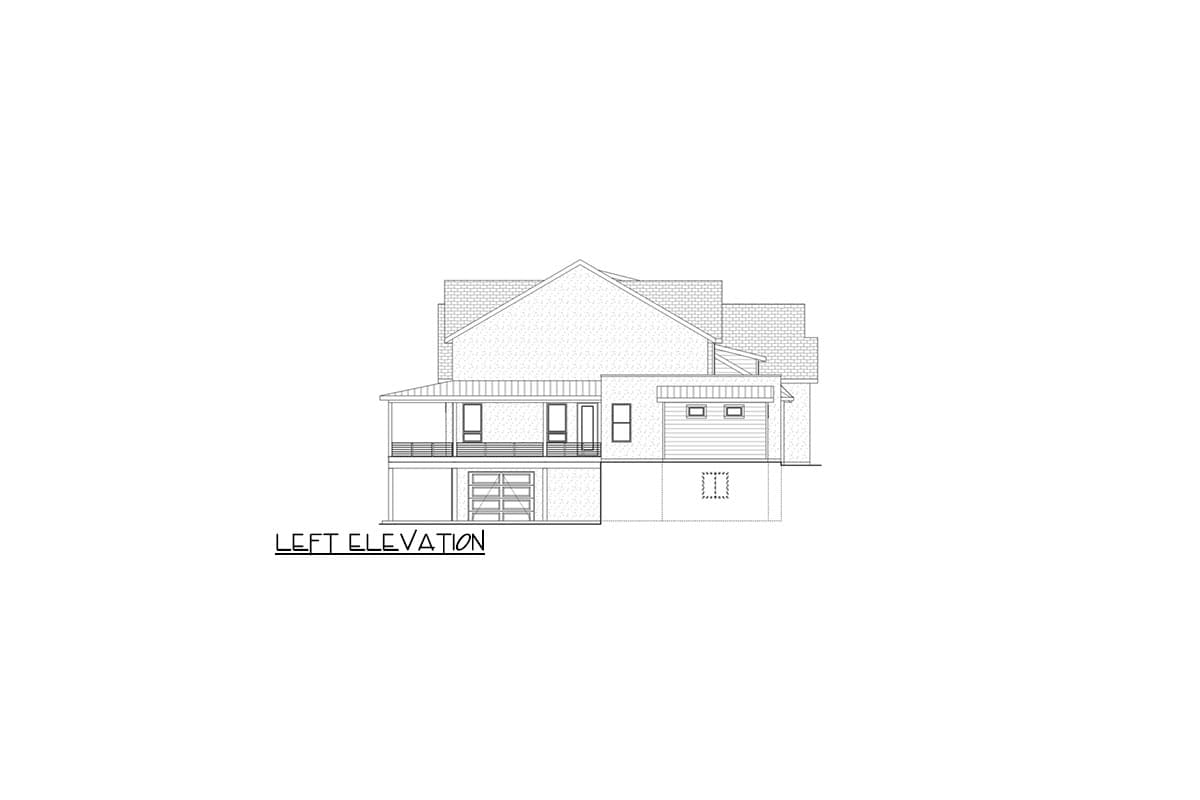 Left elevation drawing of a multi-story house with a covered porch, large gable, and garage.