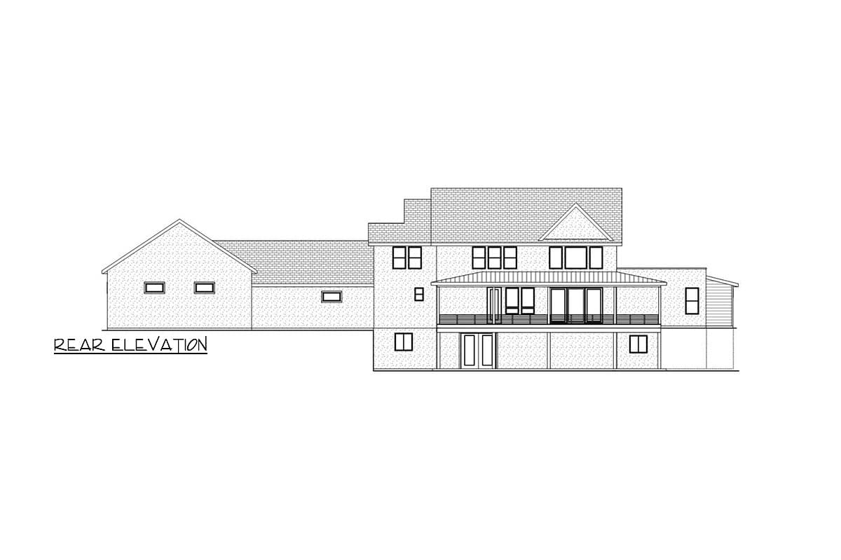 Rear elevation drawing of a multi-story house with multiple gables, covered deck, and walk-out lower level.