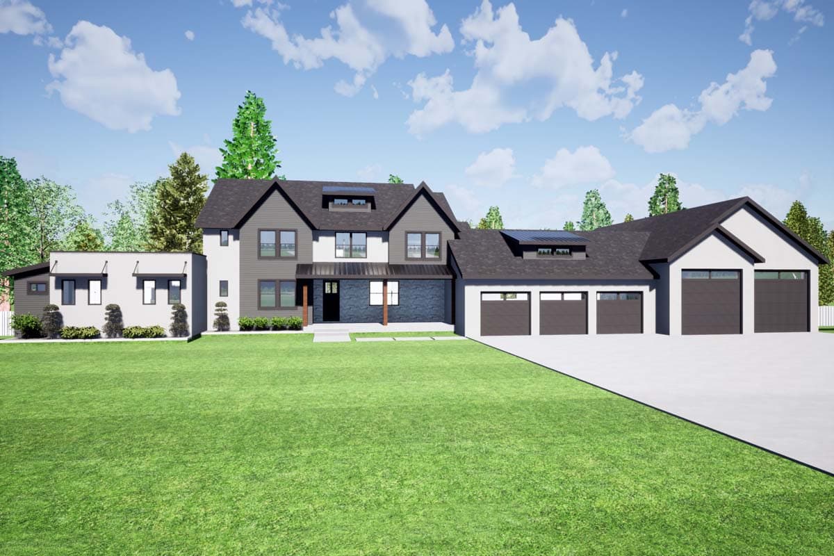 House plan exterior with Modern Farmhouse style, featuring a two-story structure, multiple gables, a covered porch, and a three-car garage.