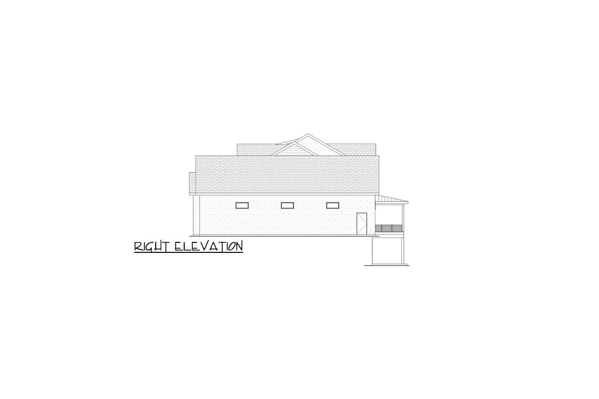 Right elevation drawing of a house plan, showing multiple gables, dormer windows, and a covered porch.