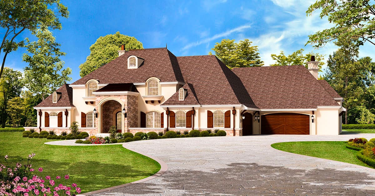 French Provincial house plan exterior with arched entry, dormers, shutters, and a side-entry garage.
