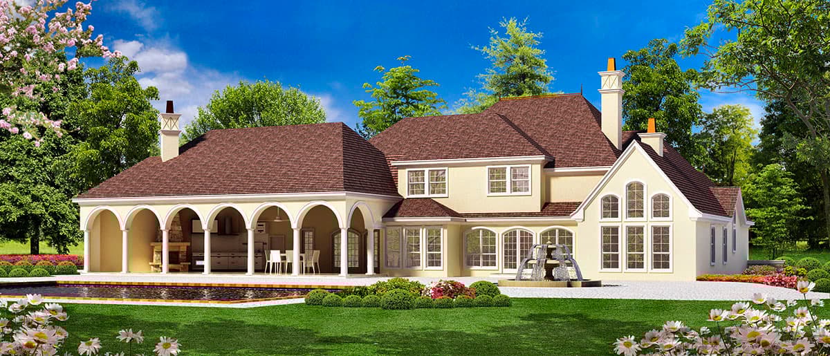House plan exterior: Two-story home with arched loggia, multiple gables, numerous windows, and chimney details.