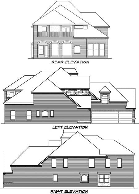 Rear, left, and right elevations of a two-story house plan with a double garage and arched windows.