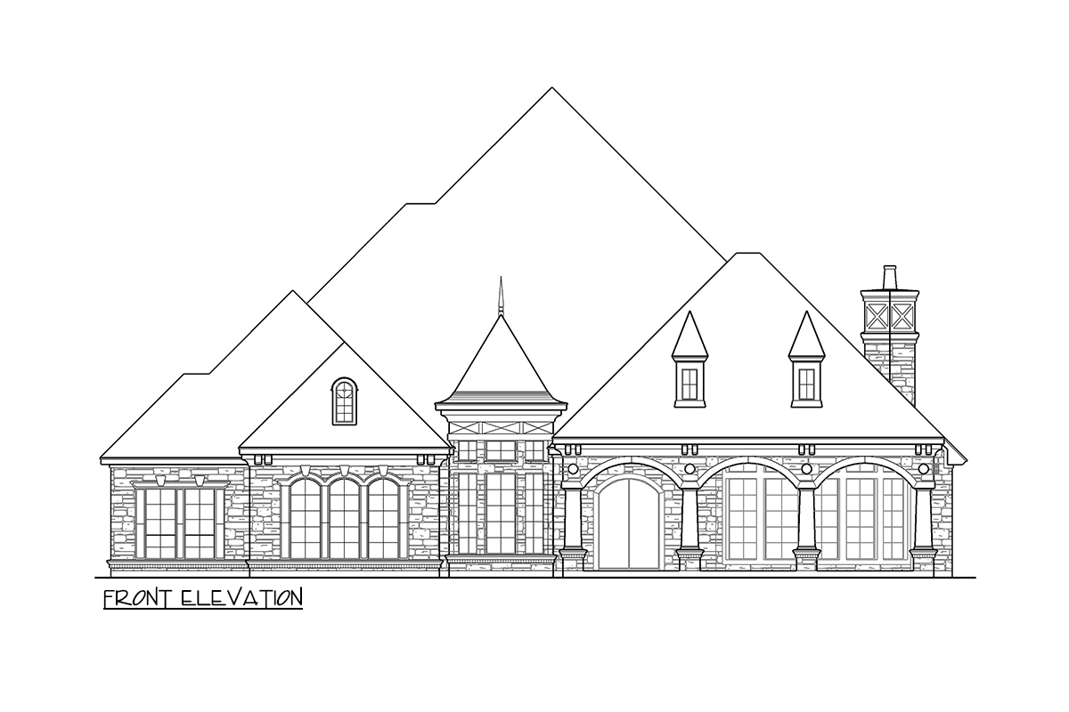 Front elevation house plan. Features stone facade, arched entryway, multiple gables, dormers, and decorative chimney.