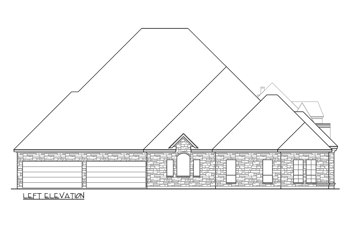 Left elevation house plan. Features stone facade, attached garage with two doors, and a mix of arched and rectangular windows.