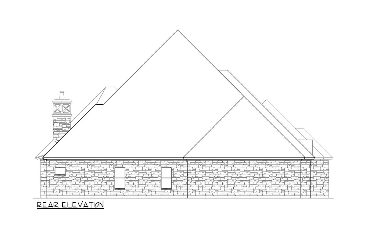 Rear elevation drawing of a house with stone exterior, prominent rooflines, and a decorative chimney.