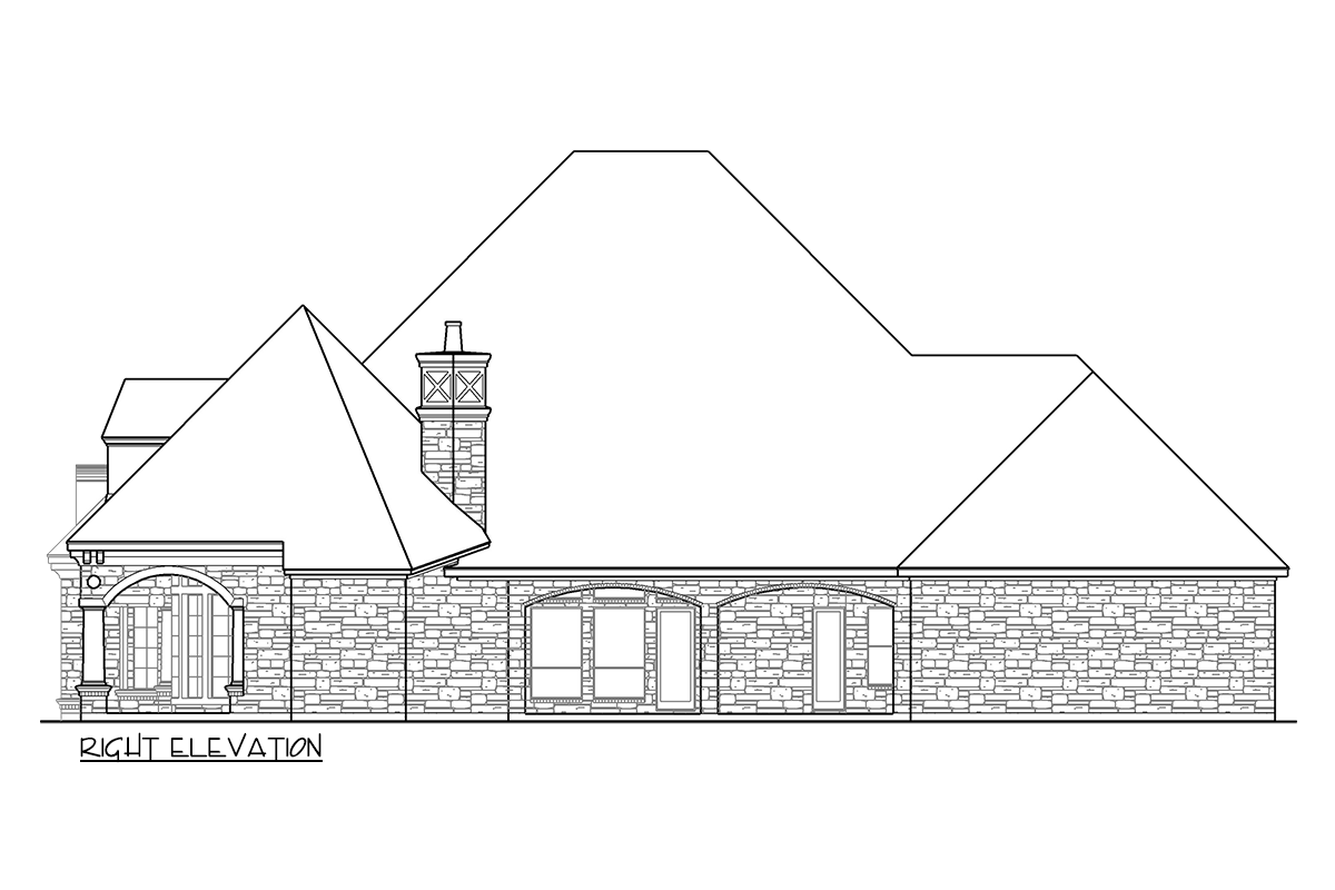 Right elevation of house plan showing stone exterior, arched windows, and a prominent chimney.