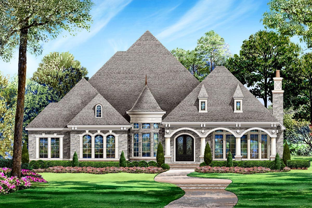 House plan exterior: two-story home with varied rooflines, arched entryway, stone facade, dormer windows, and a prominent central gable.