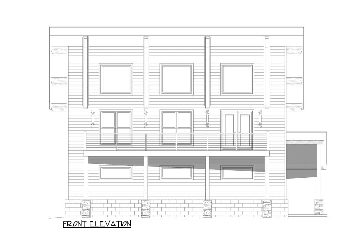 Front elevation drawing of a two-story house with a lower deck, upper balcony, and stone-clad support columns.