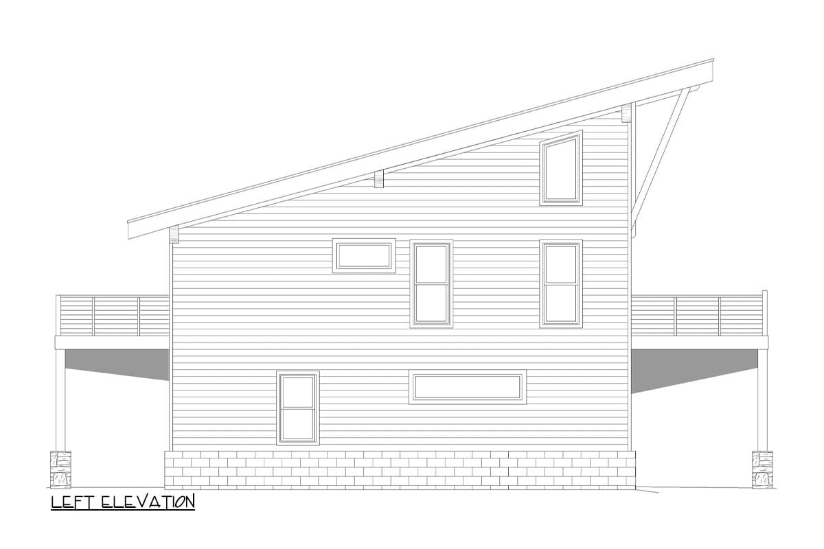 Left elevation drawing of a two-story house plan featuring a shed roof, horizontal siding, and two decks.