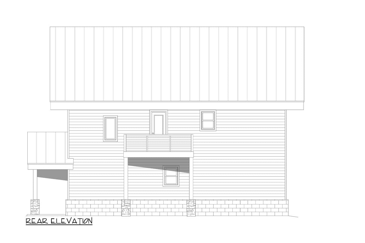 Rear elevation drawing of a house plan with a second-story balcony, horizontal siding, and a metal roof.