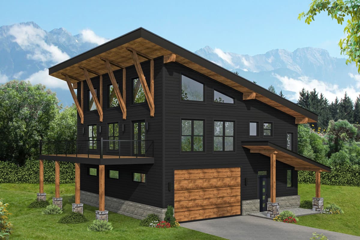 House plan exterior. Two-story modern design with exposed beams, shed roof, and covered entry. Includes a second-story deck and attached garage.